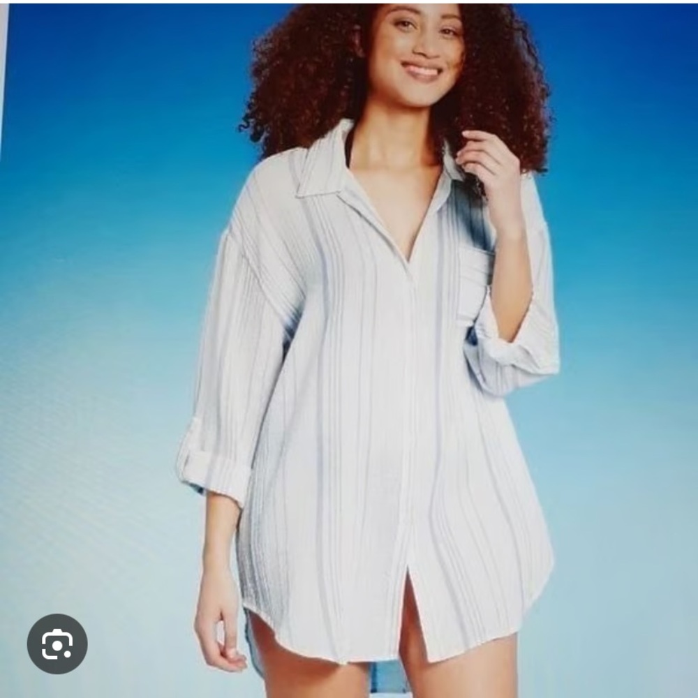 Kona Sol Textured Striped Coverup in Blue and White
